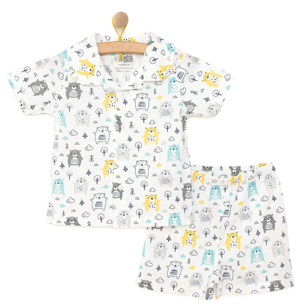 Erkek Bebek Pijama Takım Düğmeli Kapüşonlu Yaka Kısa Kol