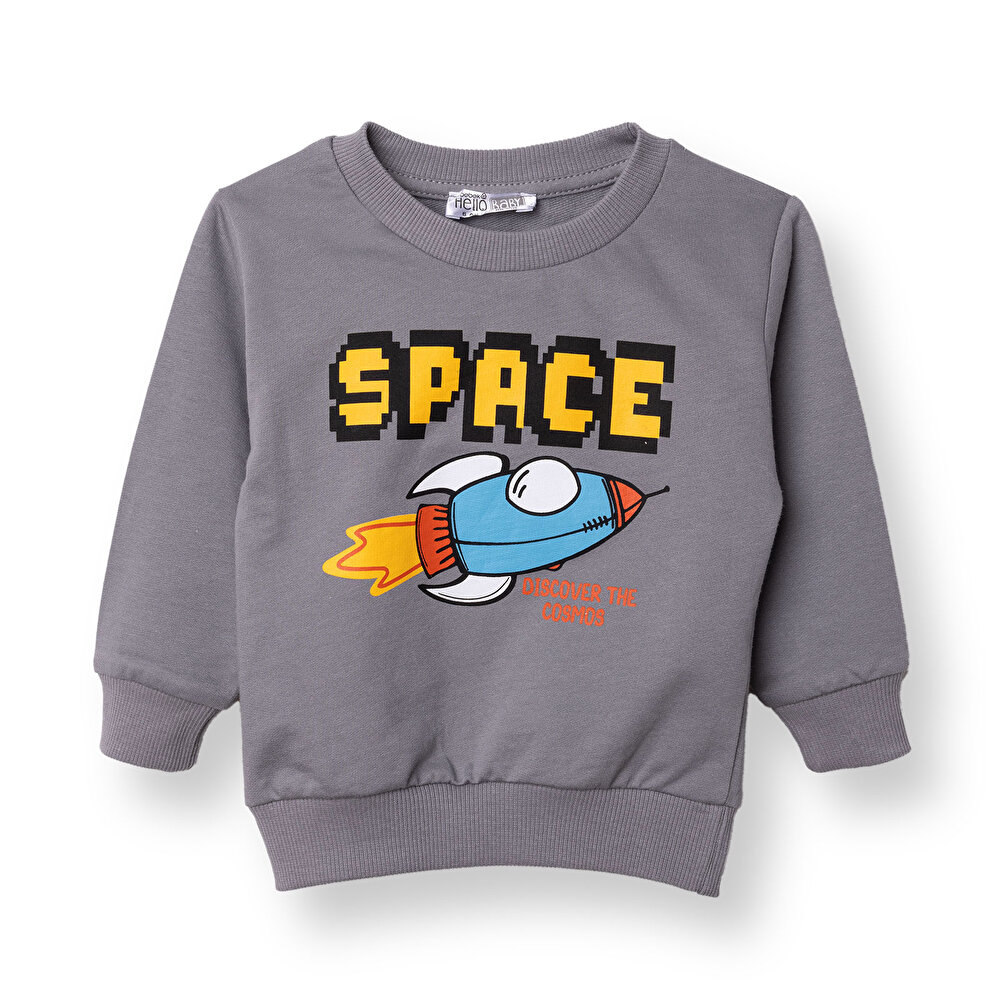 Erkek Bebek Roket Baskılı Sweatshirt Bisiklet Yaka Uzun Kol