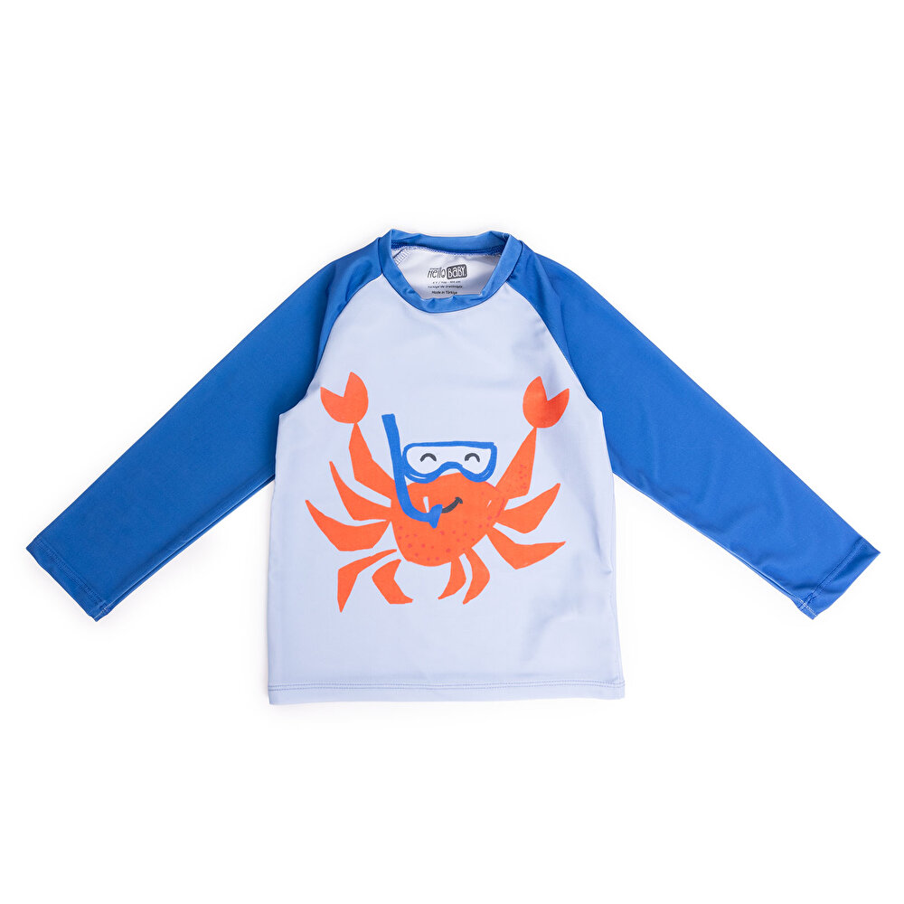 Erkek Bebek UV Koruma Mayo Bisiklet Yaka Yarım Kol Yengeç Desen Süprem Kumaş