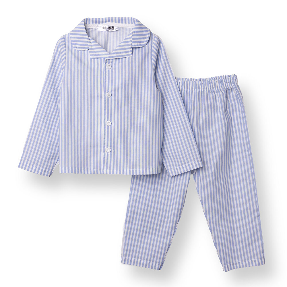 Erkek Bebek Uzun Kol Pijama Takımı Düğmeli Pamuklu Bebe Yaka Reçme Paça