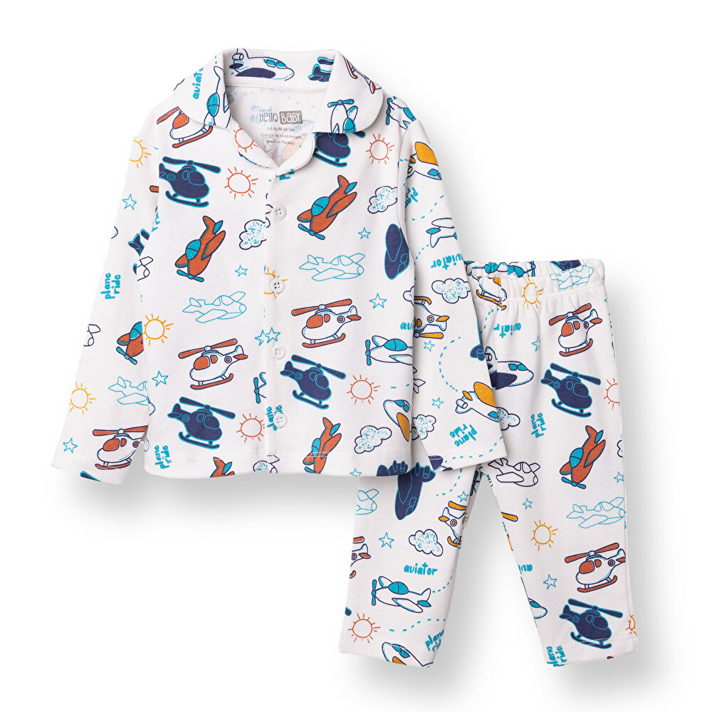 Erkek Bebek Uzun Kol Pijama Takımı İnterlok Düğmeli Bebe Yaka Reçme Paça