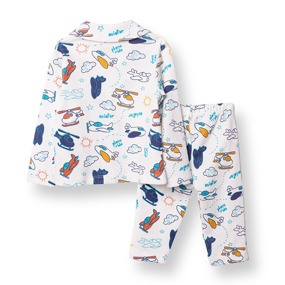 Erkek Bebek Uzun Kol Pijama Takımı İnterlok Düğmeli Bebe Yaka Reçme Paça