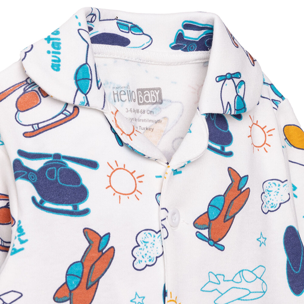 Erkek Bebek Uzun Kol Pijama Takımı İnterlok Düğmeli Bebe Yaka Reçme Paça