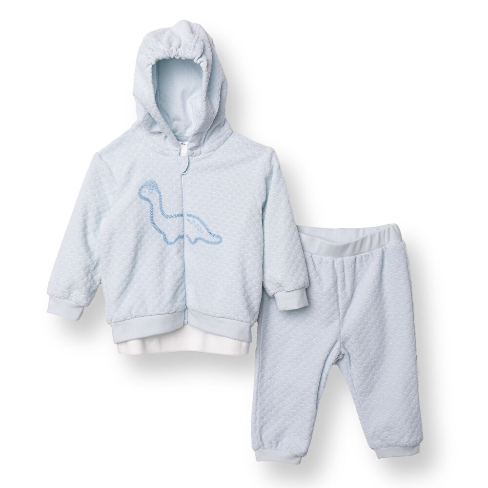 Erkek Bebek Yenidoğan Dinosaur Sweatshirt-Hırka-Alt Fitilli Kadife Uzun Kol Patiksiz Paça