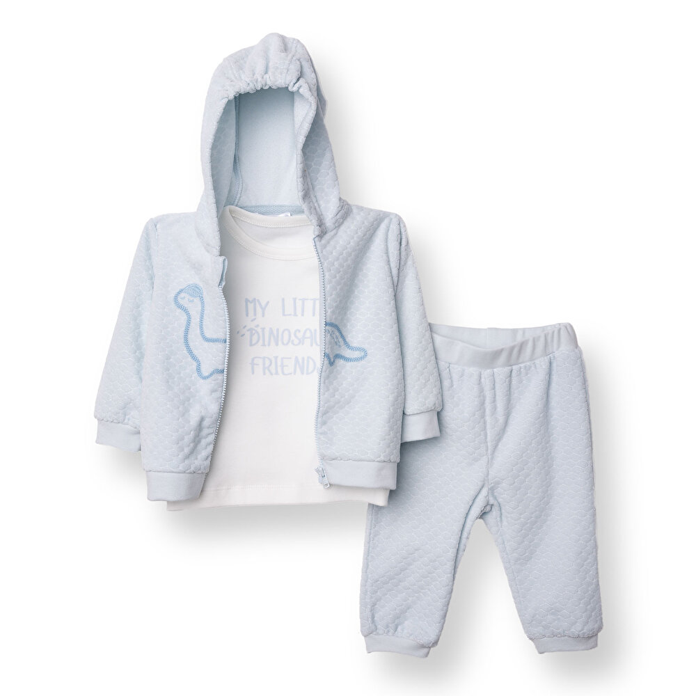 Erkek Bebek Yenidoğan Dinosaur Sweatshirt-Hırka-Alt Fitilli Kadife Uzun Kol Patiksiz Paça