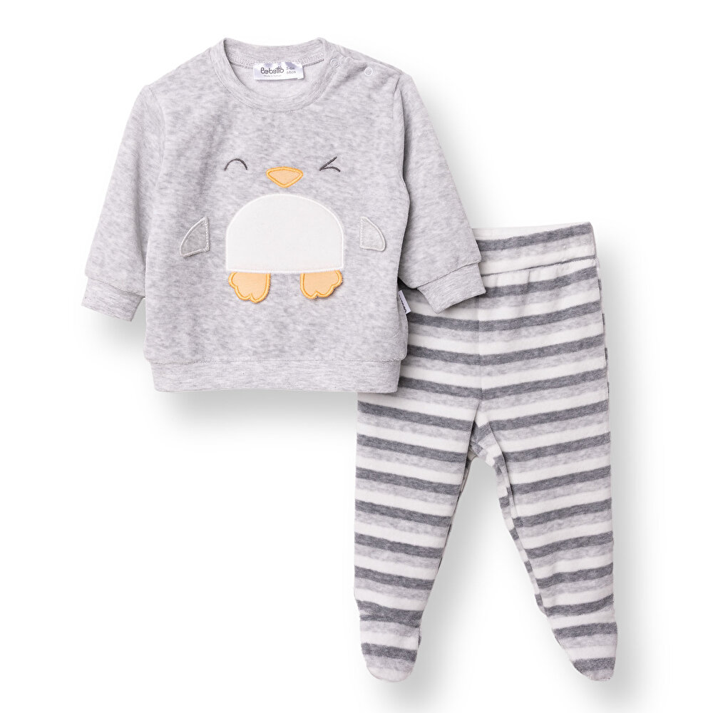 Erkek Bebek Yenidoğan Kadife Patikli Alt-Sweatshirt Çıtçıtlı Bisiklet Yaka Uzun Kol Patikli Paça