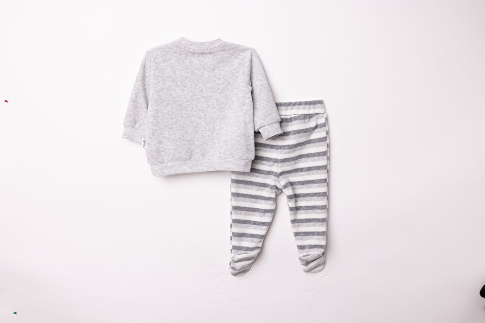 Erkek Bebek Yenidoğan Kadife Patikli Alt-Sweatshirt Çıtçıtlı Bisiklet Yaka Uzun Kol Patikli Paça