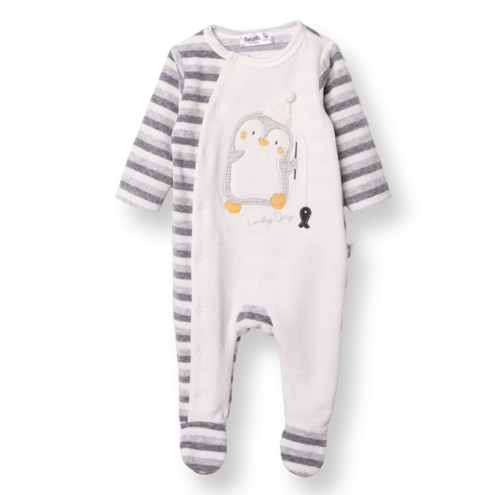 Erkek Bebek Yenidoğan Happy Penguin Kadife Patikli Tulum Kadife Bisiklet Yaka Uzun Kol Patikli Paça