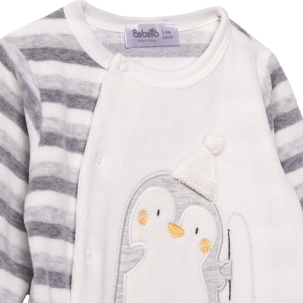 Erkek Bebek Yenidoğan Happy Penguin Kadife Patikli Tulum Kadife Bisiklet Yaka Uzun Kol Patikli Paça