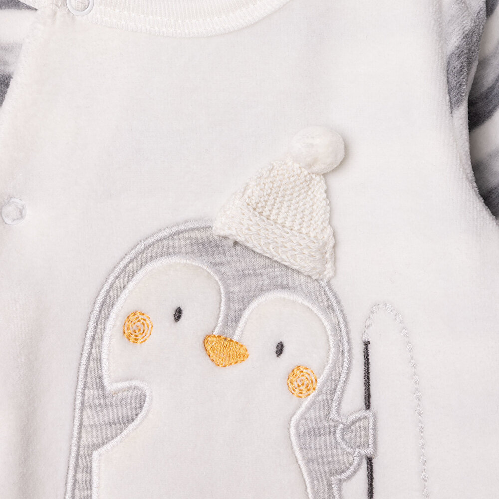 Erkek Bebek Yenidoğan Happy Penguin Kadife Patikli Tulum Kadife Bisiklet Yaka Uzun Kol Patikli Paça