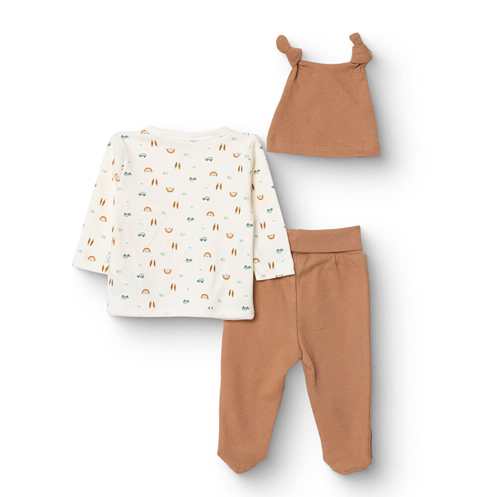 Erkek Bebek Yenidoğan Wooden Car Zıbın-Şapka-Patikli Alt V Yaka Uzun Kol Patikli Paça