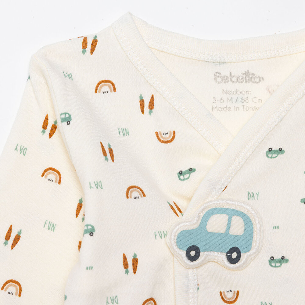 Erkek Bebek Yenidoğan Wooden Car Zıbın-Şapka-Patikli Alt V Yaka Uzun Kol Patikli Paça