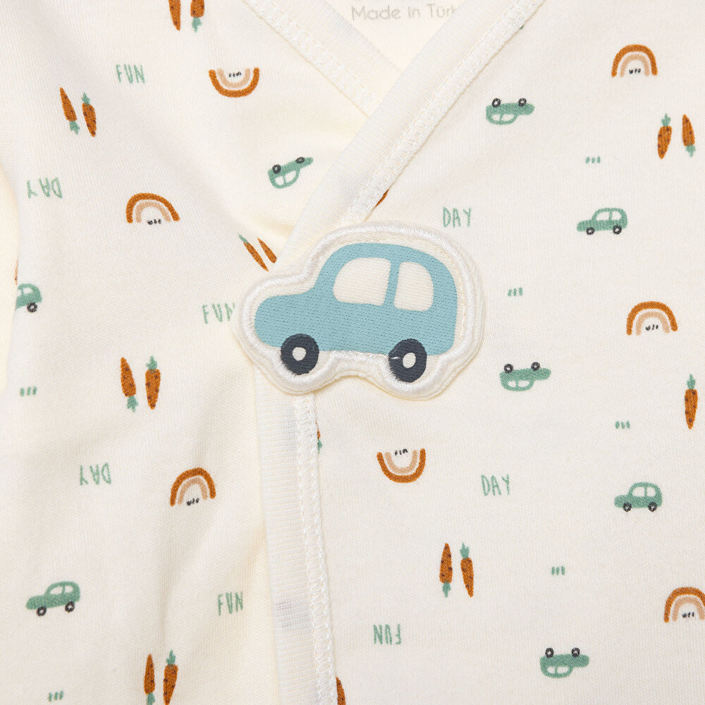 Erkek Bebek Yenidoğan Wooden Car Zıbın-Şapka-Patikli Alt V Yaka Uzun Kol Patikli Paça