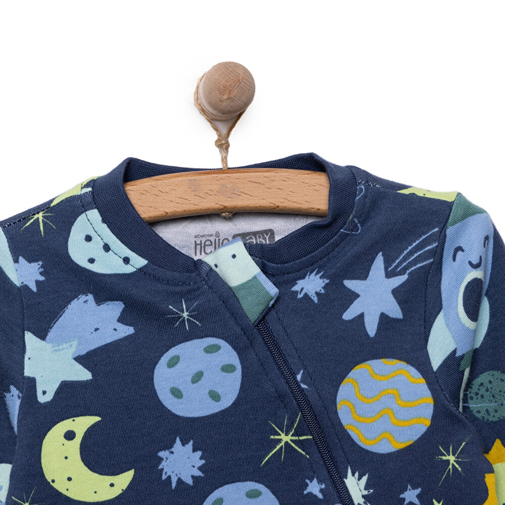 Erkek Fermuarlı Uzun Kol Uzay Desenli Patiksiz Tulum