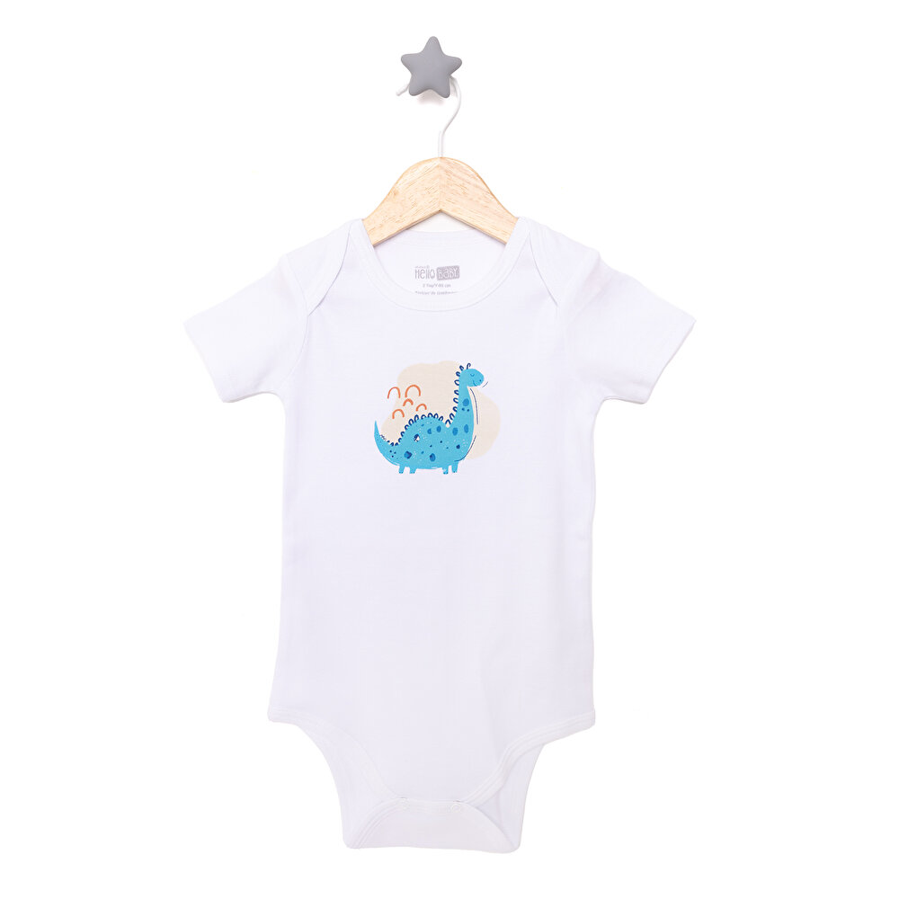 Erkek Bebek Body-Zıbın Dinazor Desen Çıtçıtlı Bisiklet Yaka Beyaz