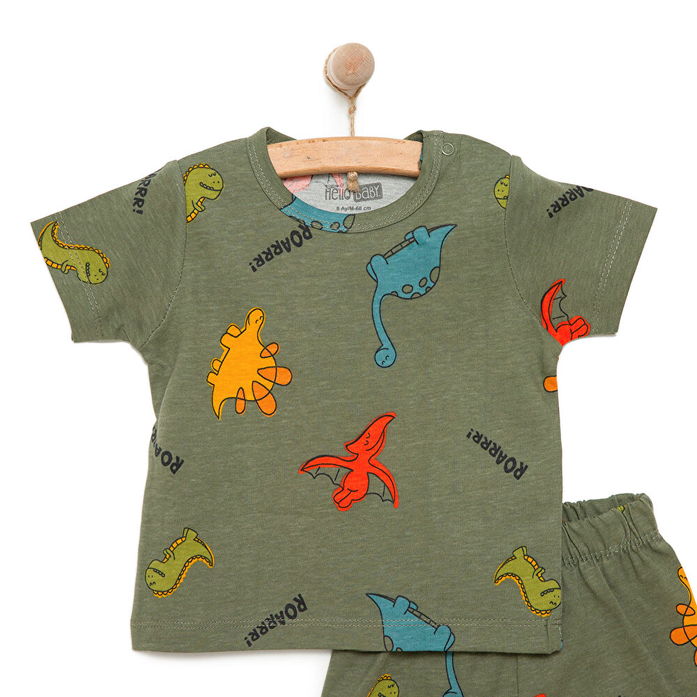 Erkek Kısa Kol Dinazor Desenli Bisiklet Yaka Pijama Takımı