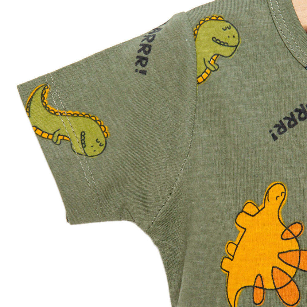 Erkek Kısa Kol Dinazor Desenli Bisiklet Yaka Pijama Takımı