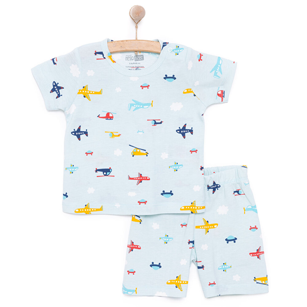 Erkek Kısa Kol Uçak Desenli Bisiklet Yaka Pijama Takımı