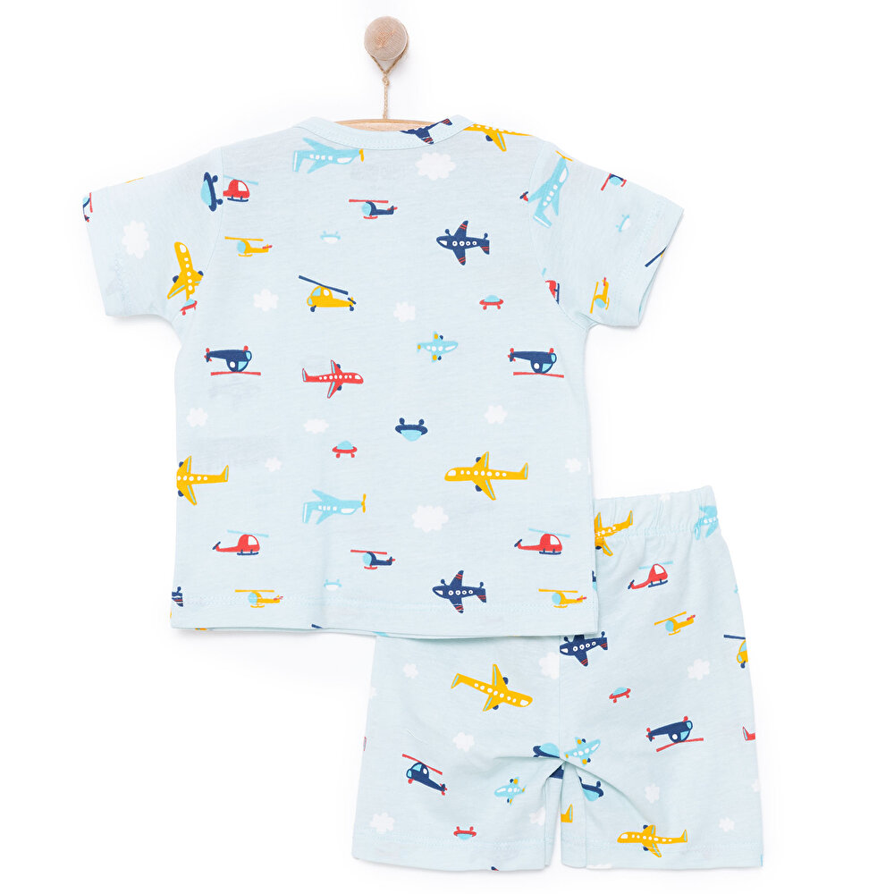 Erkek Kısa Kol Uçak Desenli Bisiklet Yaka Pijama Takımı