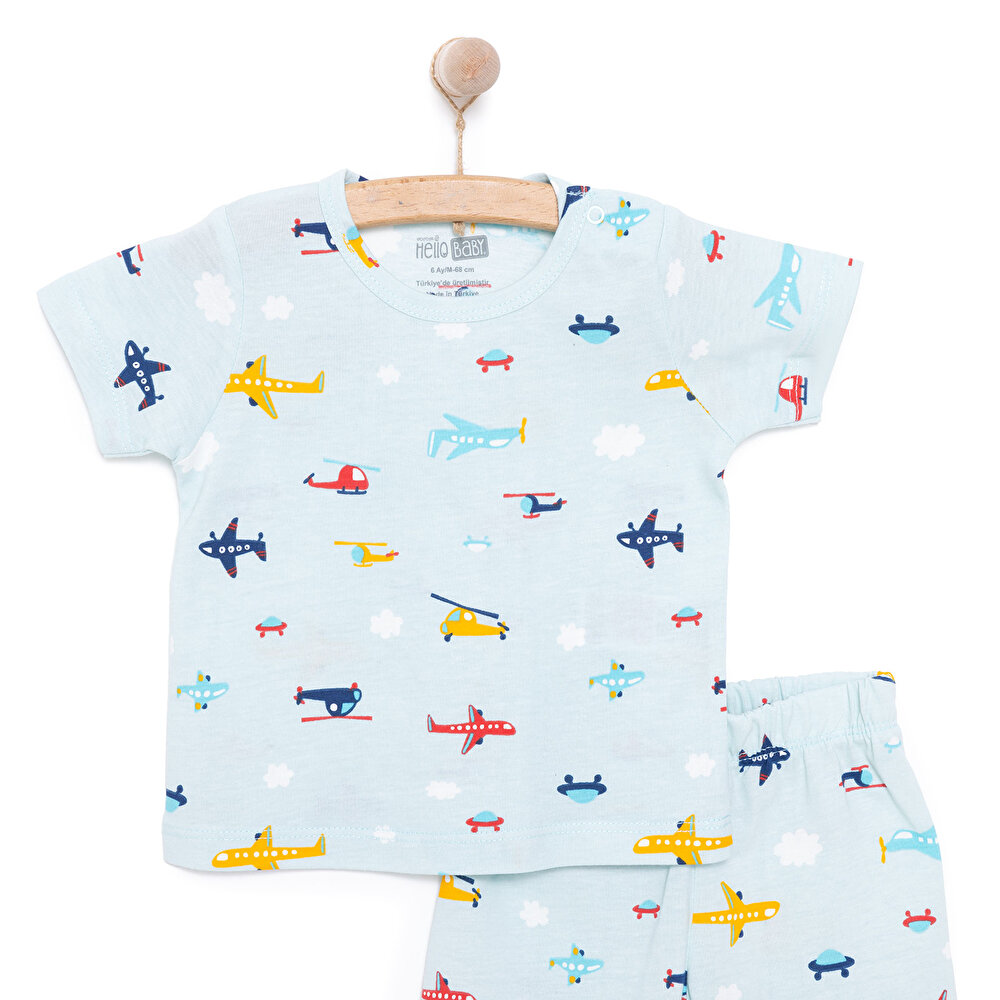 Erkek Kısa Kol Uçak Desenli Bisiklet Yaka Pijama Takımı