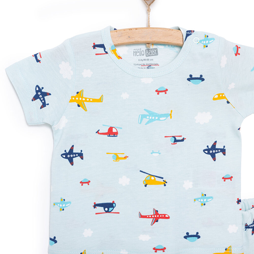 Erkek Kısa Kol Uçak Desenli Bisiklet Yaka Pijama Takımı