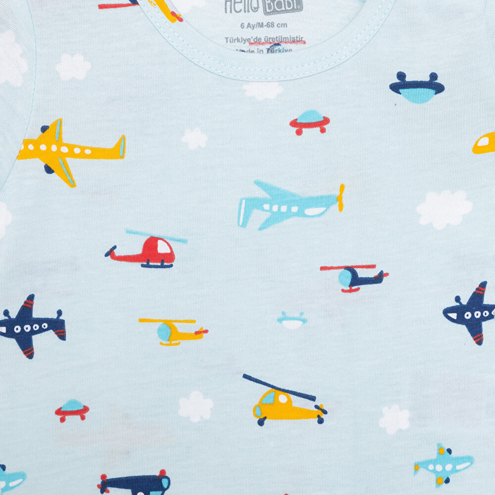 Erkek Kısa Kol Uçak Desenli Bisiklet Yaka Pijama Takımı