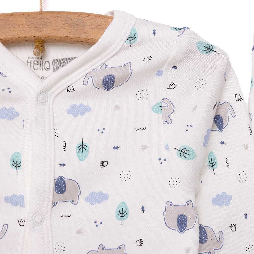 Erkek Bebek Yenidoğan Tulum Body Şapka %100 Pamuk Çıtçıtlı Bisiklet Yaka Uzun Kol Patikli Ekru