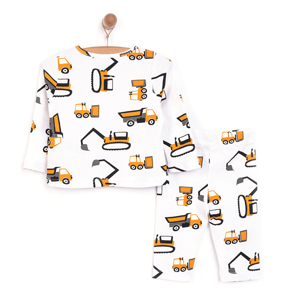 Erkek Bebek Pijama Takım Kaşkorse İş Makine Desen Bisiklet Yaka Uzun Kol Ekru