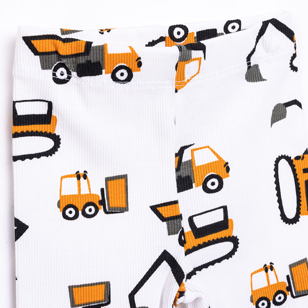 Erkek Bebek Pijama Takım Kaşkorse İş Makine Desen Bisiklet Yaka Uzun Kol Ekru