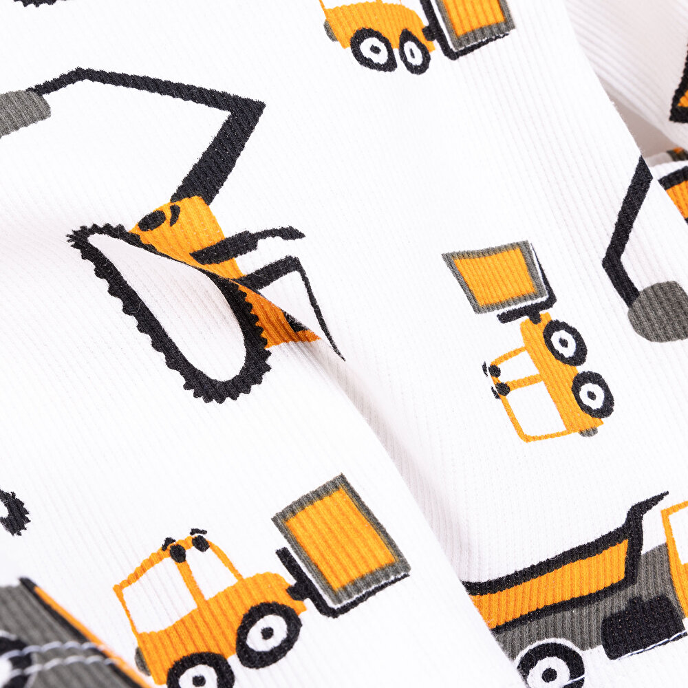 Erkek Bebek Pijama Takım Kaşkorse İş Makine Desen Bisiklet Yaka Uzun Kol Ekru