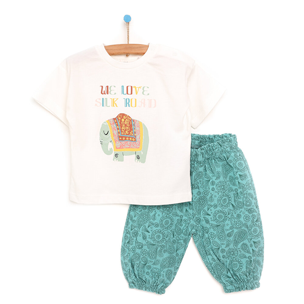 Kız Bebek Bluz Pantolon Set Müslin Kumaş Fil Desen Bisiklet Yaka Kısa Kol Lastikli Paça Petrol
