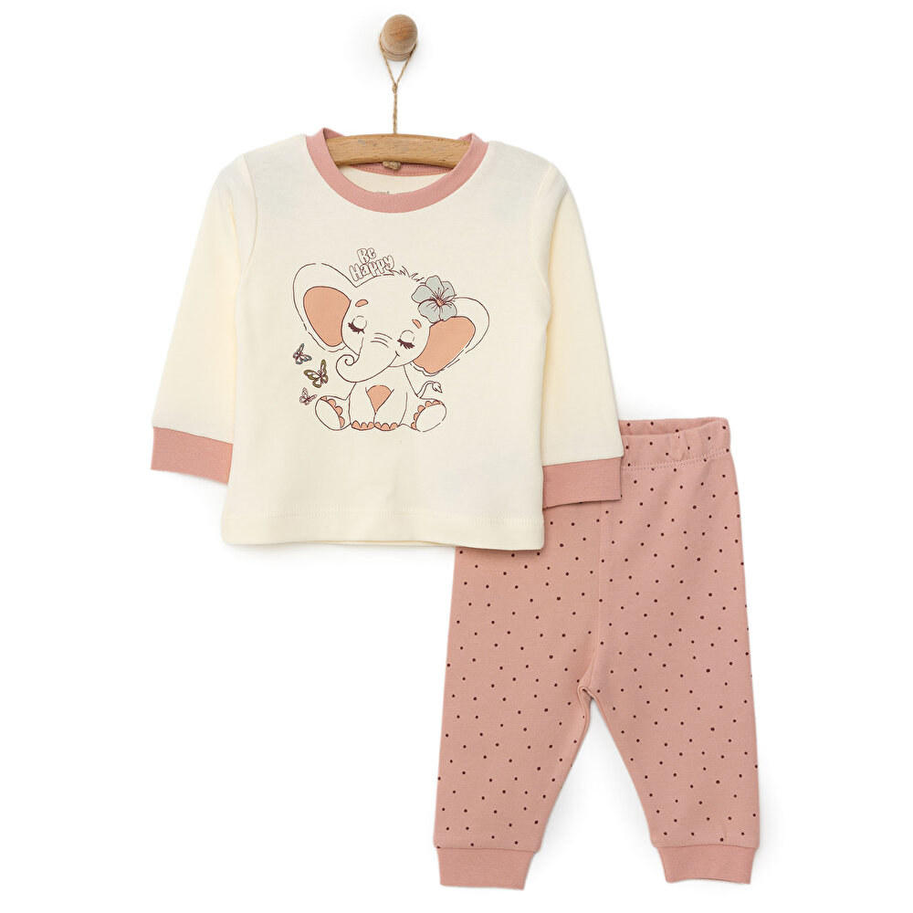 Kız Bebek Pijama Takım İnterlok Fil Desen Bisiklet Yaka Uzun Kol Ekru