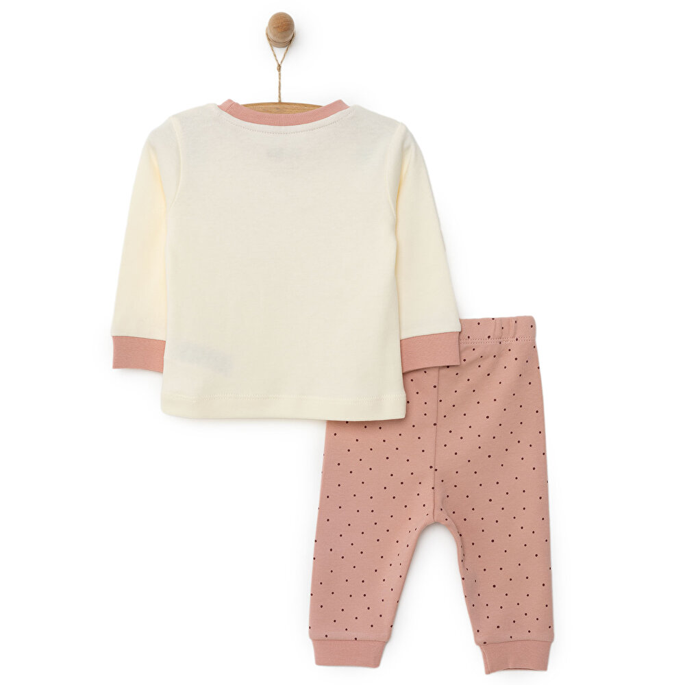 Kız Bebek Pijama Takım İnterlok Fil Desen Bisiklet Yaka Uzun Kol Ekru