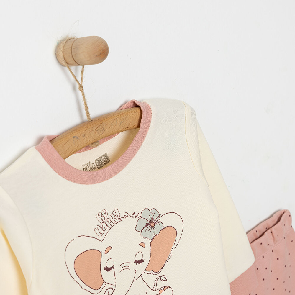 Kız Bebek Pijama Takım İnterlok Fil Desen Bisiklet Yaka Uzun Kol Ekru