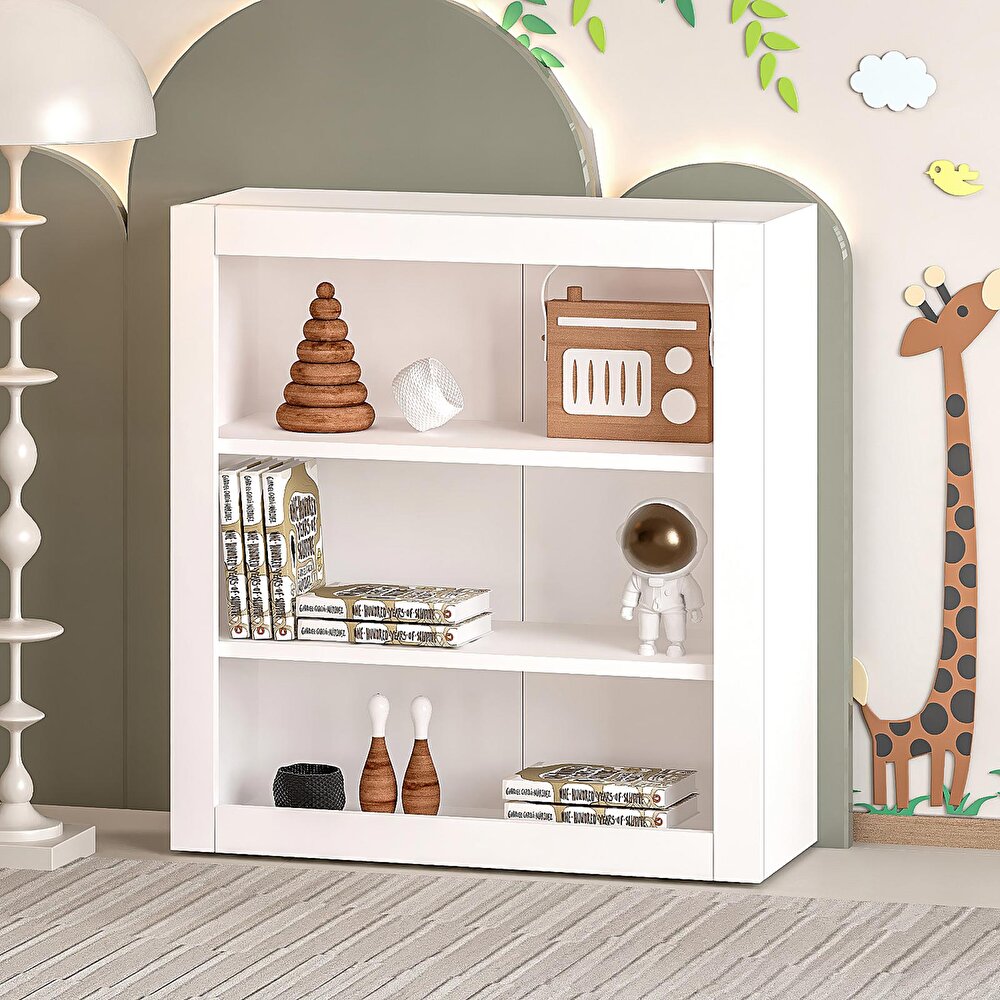 Ahşap Montessori Çocuk 3 Raflı Açık Kitaplık Beyaz
