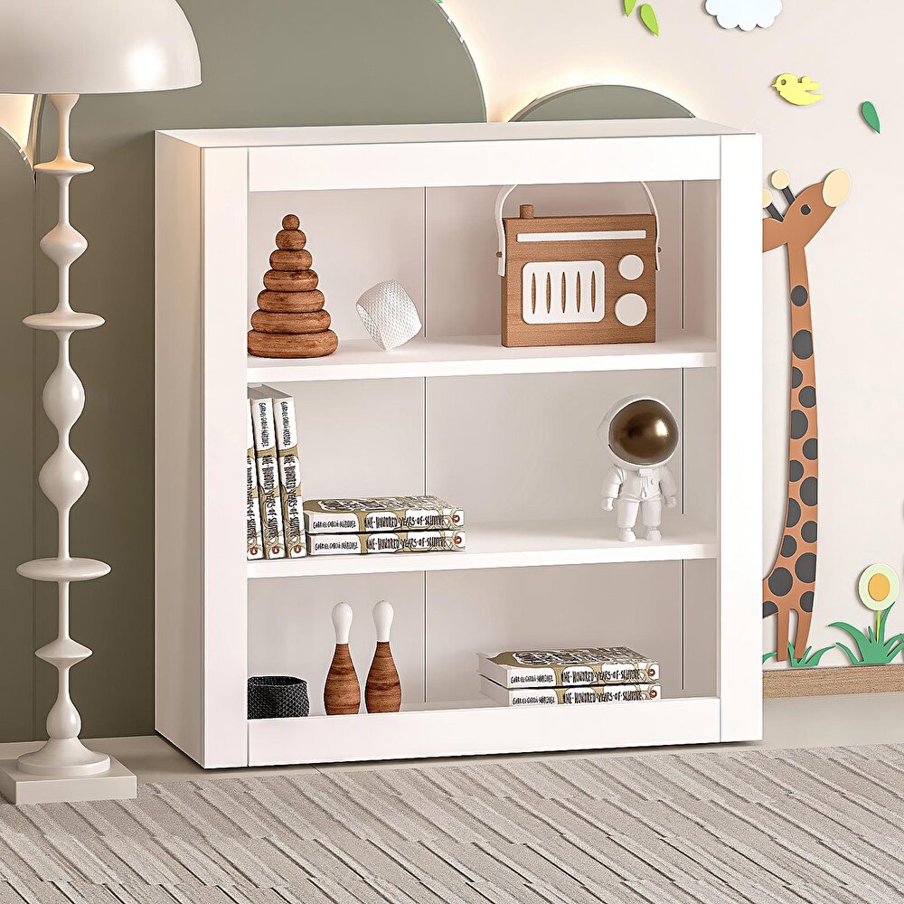 Ahşap Montessori Çocuk 3 Raflı Açık Kitaplık Beyaz