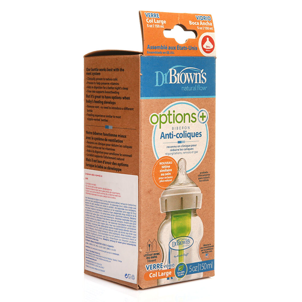 DB51730 Dr Browns Options+ Geniş Ağız Antikolik Cam Biberon 150 ml 0+ Ay