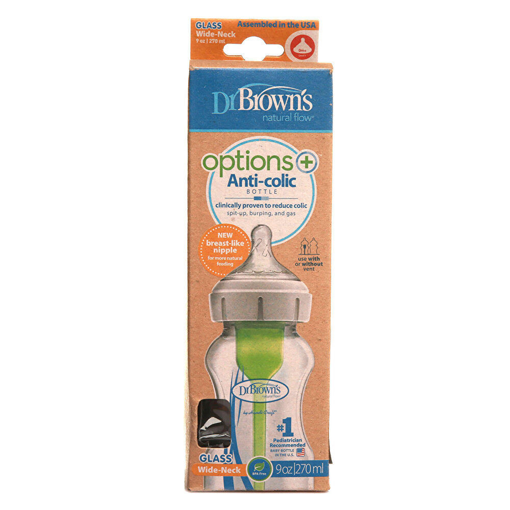 DB91740 Dr Browns Options+ Geniş Ağız Antikolik Cam Biberon 270 ml 0+ Ay