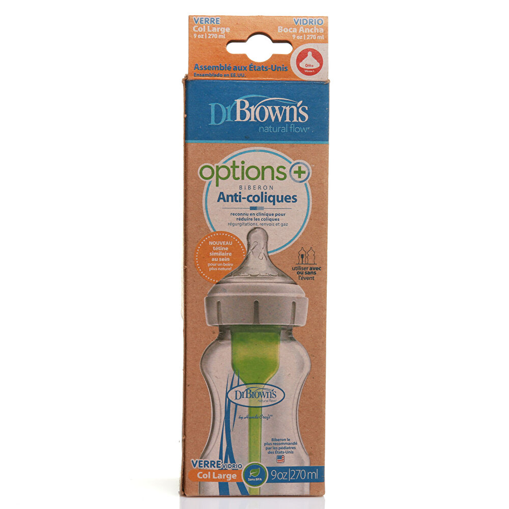DB91740 Dr Browns Options+ Geniş Ağız Antikolik Cam Biberon 270 ml 0+ Ay
