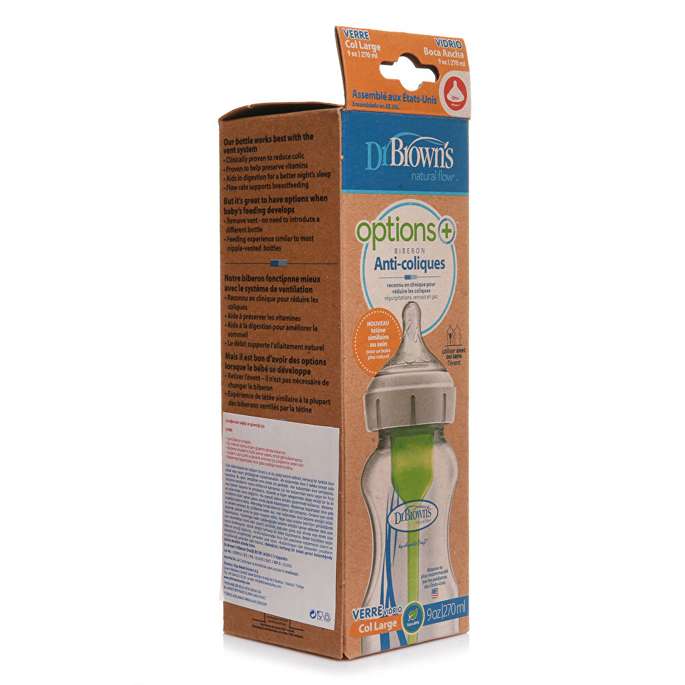 DB91740 Dr Browns Options+ Geniş Ağız Antikolik Cam Biberon 270 ml 0+ Ay