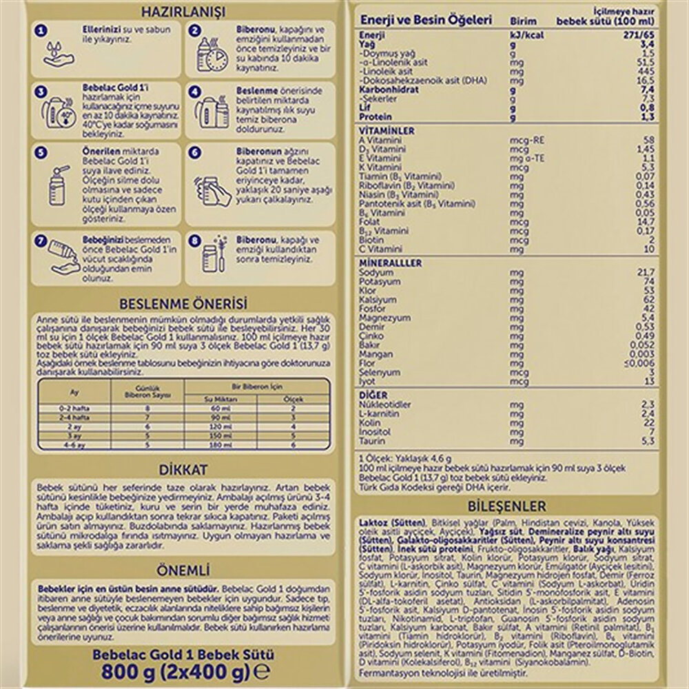 1 Bebek Sütü 800 gr 0-6 Ay