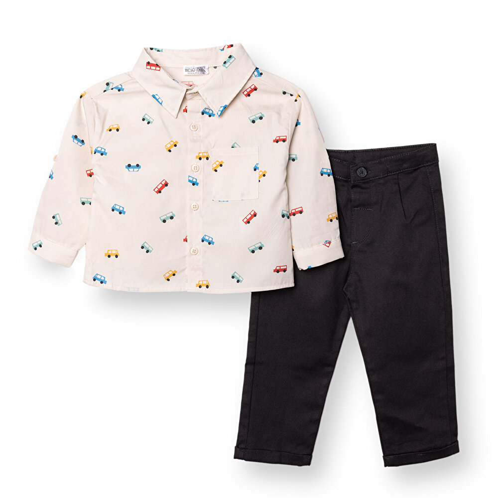 Erkek Bebek Gömlek-Pantolon Poplin Gömlek Yaka Uzun Kol Reçme Paça