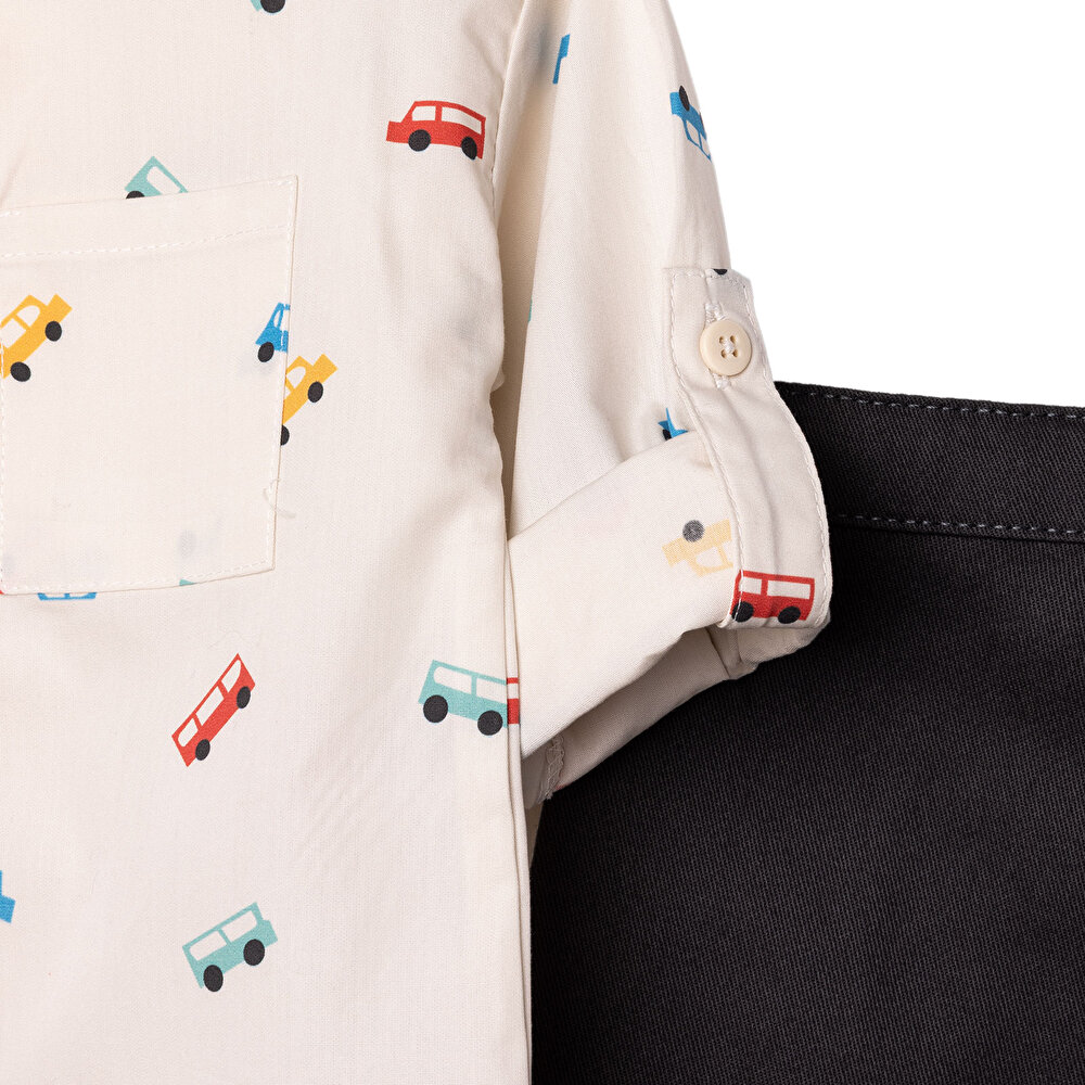 Erkek Bebek Gömlek-Pantolon Poplin Gömlek Yaka Uzun Kol Reçme Paça