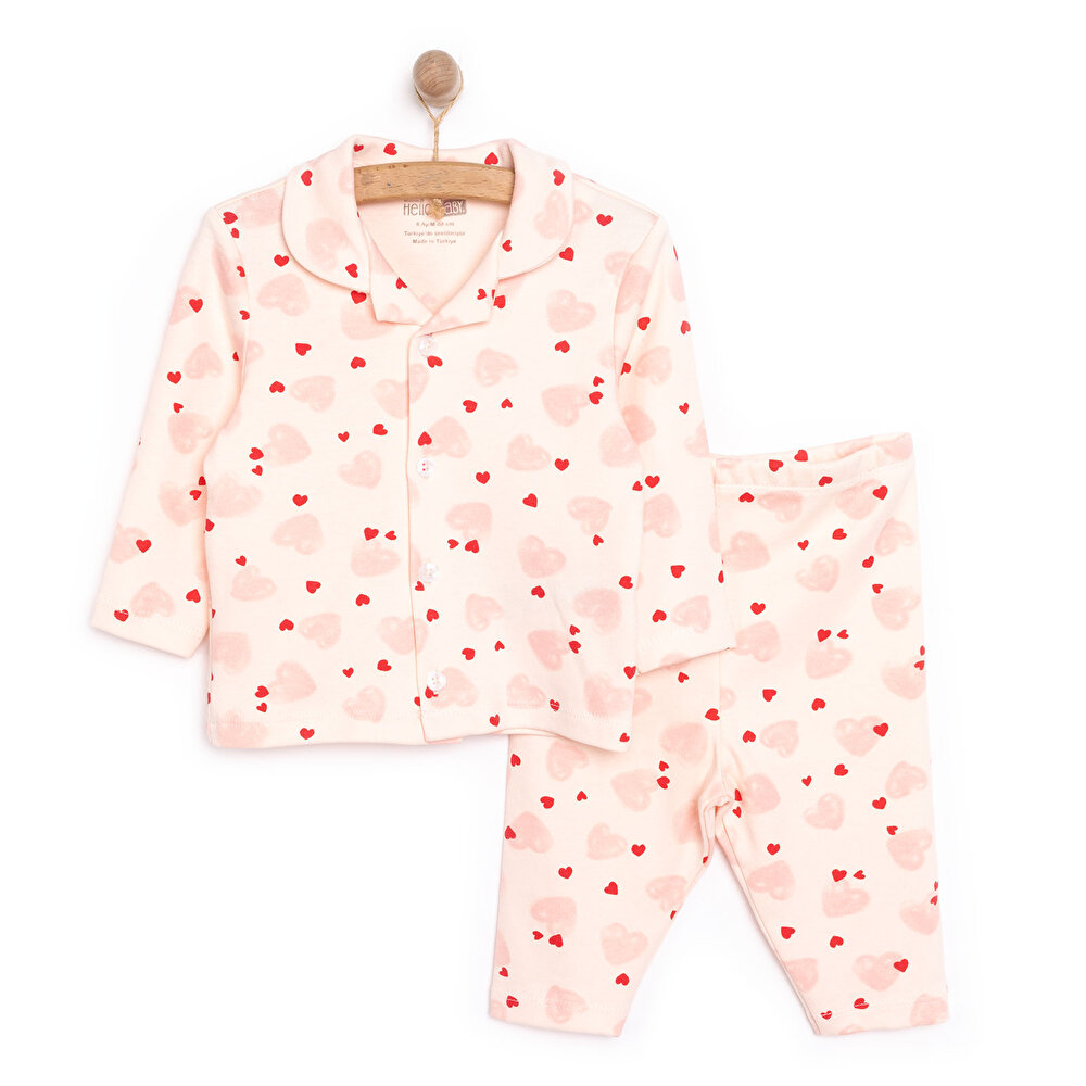 Gömlek Yaka Kalp Desenli Kız Bebek Pijama Takımı