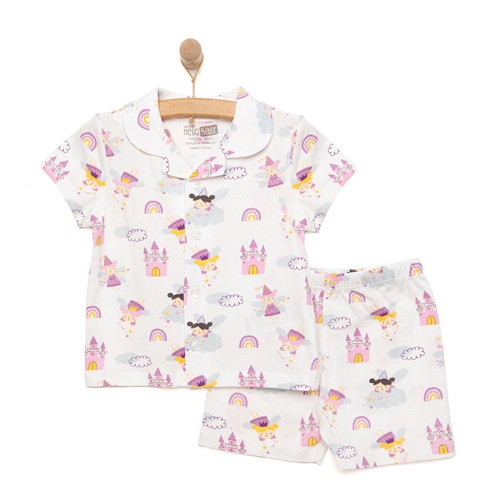 Gömlek Yaka Peri Desenli Kısa Kol Pijama Takımı