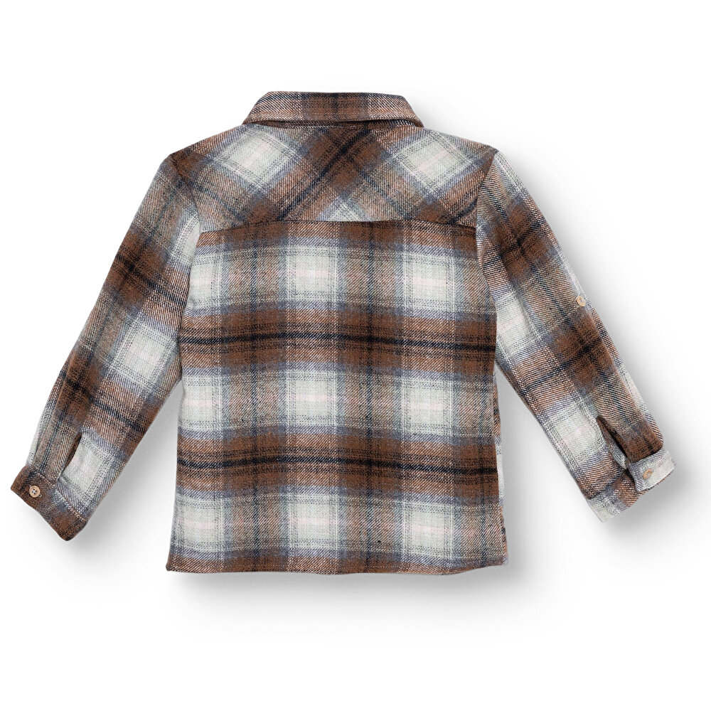 Erkek Bebek Gömlek Düğmeli Kapüşonlu Yaka Uzun Kol