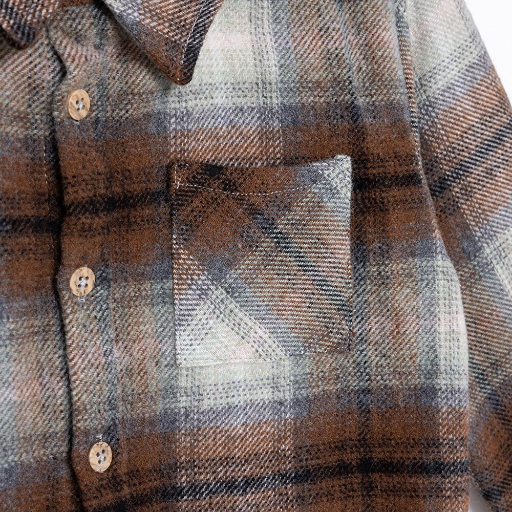 Erkek Bebek Gömlek Düğmeli Kapüşonlu Yaka Uzun Kol