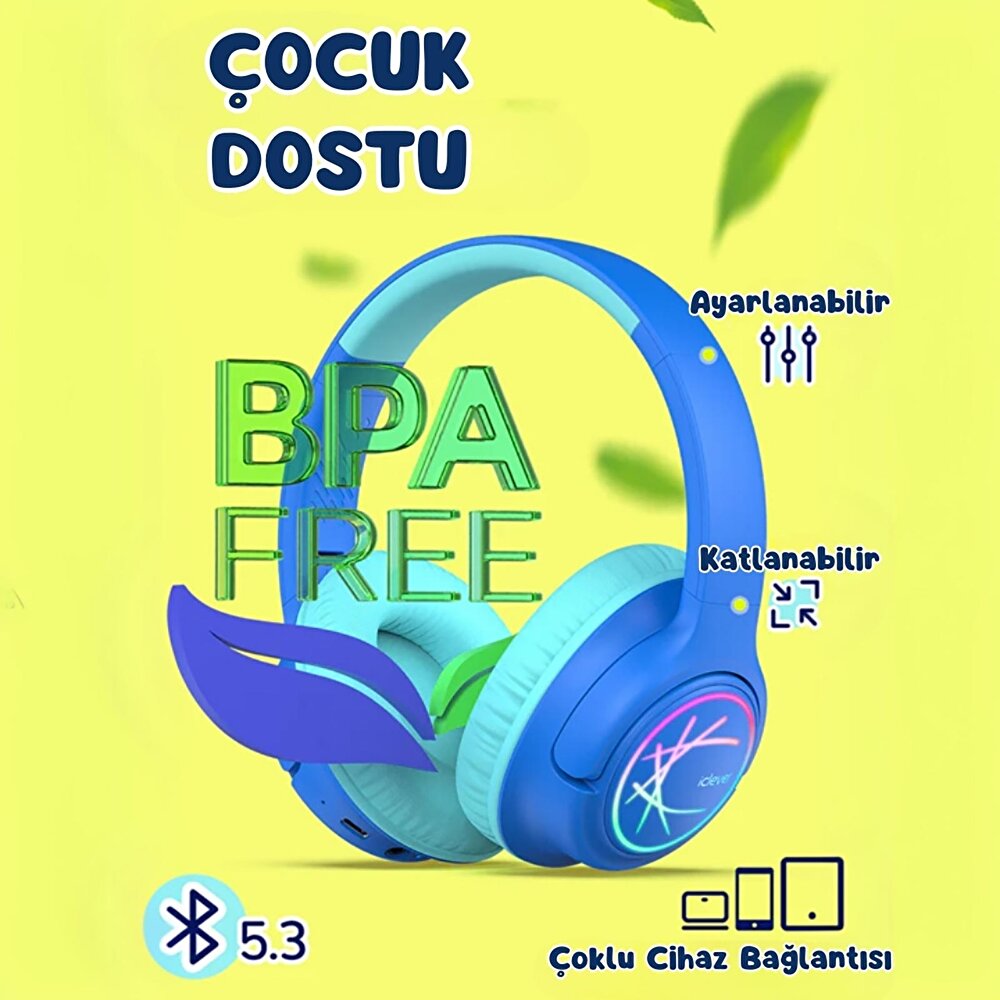 Gürültü Önleyici Ses Sınırlı 60 Saat Oynatma Süreli Bluetooth Çocuk Kulaklığı Mavi BTH 18