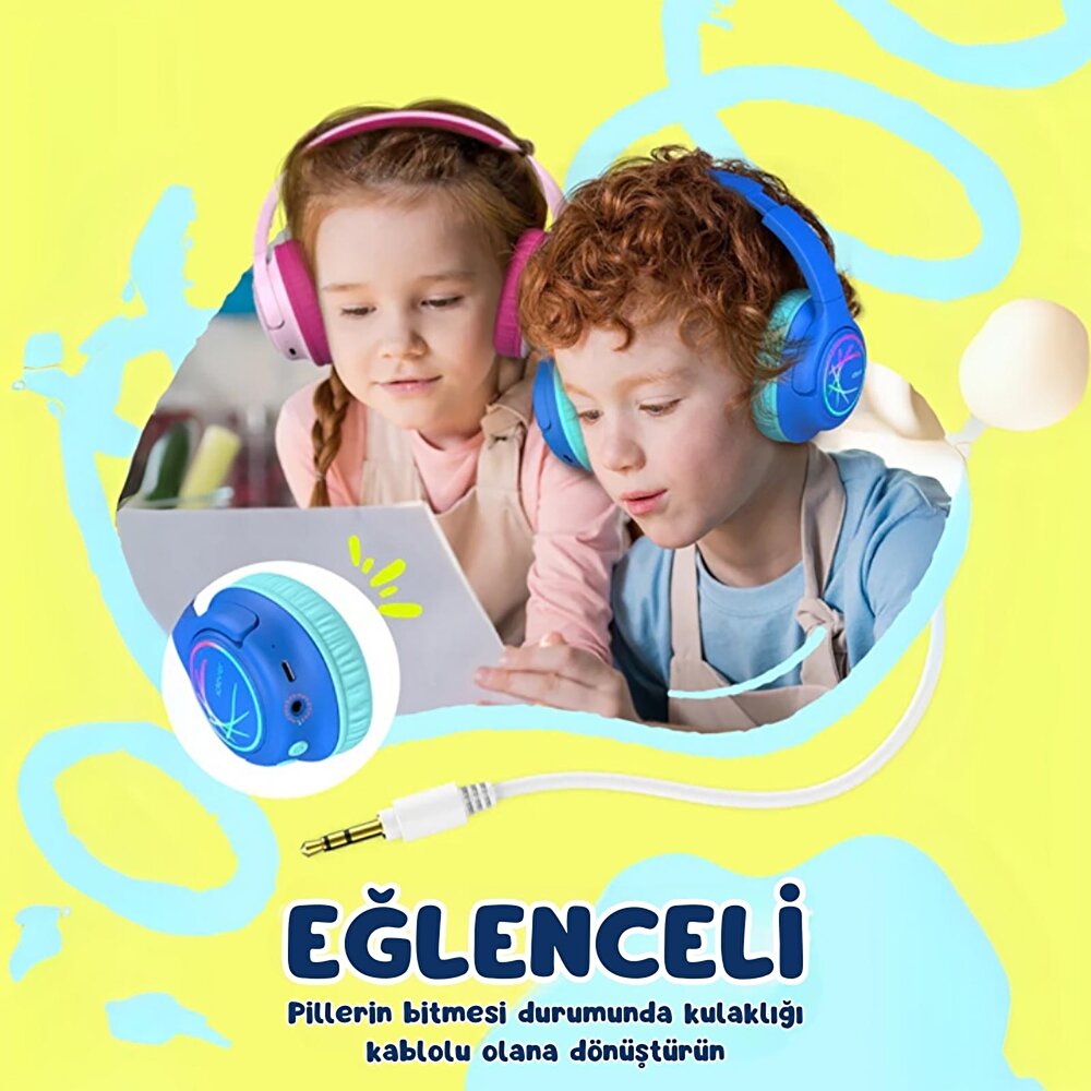 Gürültü Önleyici Ses Sınırlı 60 Saat Oynatma Süreli Bluetooth Çocuk Kulaklığı Mavi BTH 18