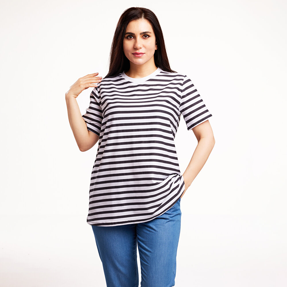 Hamile Tişört Süprem Çizgili Anne Giyim Bisiklet Yaka Kısa Kol Beyaz